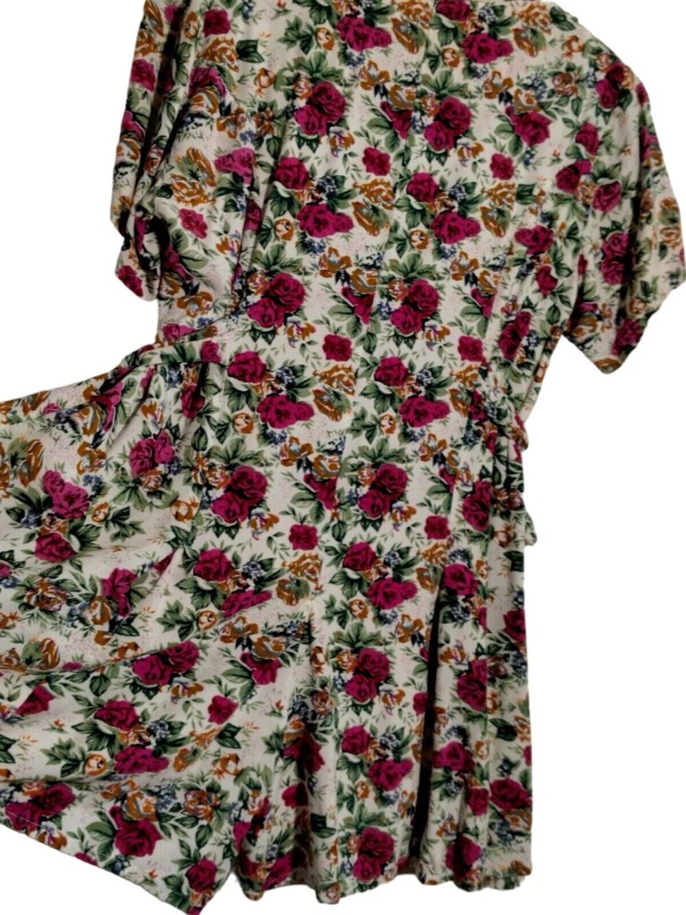 Vintage 1990s Bermuda Run Romper M White Pink Floral Rayon Shorts Tie Pleated - Picture 5 of 16